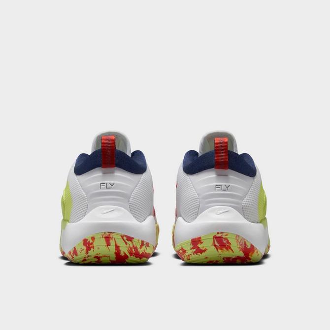 Left view of Big Kids' Nike IsoFly Basketball Shoes in White/Limelight/Light Lemon Twist/Midnight Navy Click to zoom