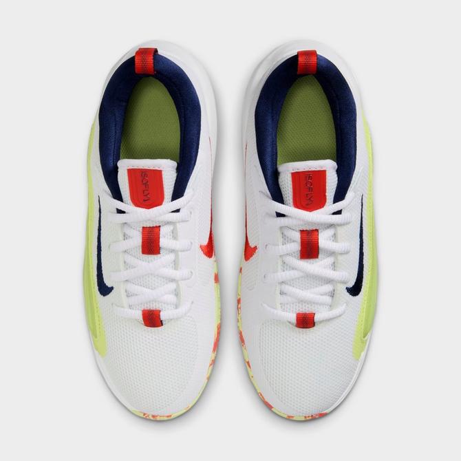 Back view of Big Kids' Nike IsoFly Basketball Shoes in White/Limelight/Light Lemon Twist/Midnight Navy Click to zoom