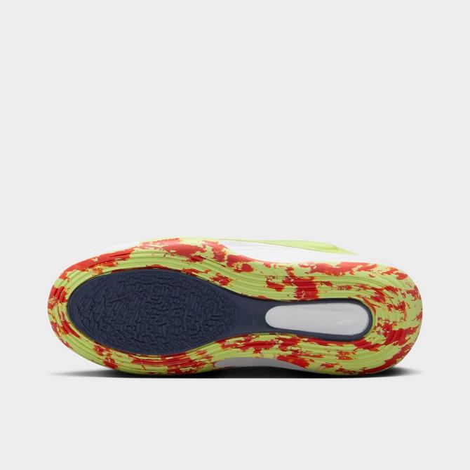 Bottom view of Big Kids' Nike IsoFly Basketball Shoes in White/Limelight/Light Lemon Twist/Midnight Navy Click to zoom