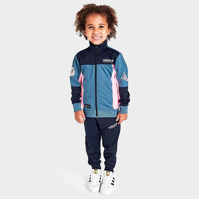 Front view of Infant adidas Originals Disney Mickey and Friends Tracksuit in Altered Blue/Beam Pink/Legend Ink Click to zoom