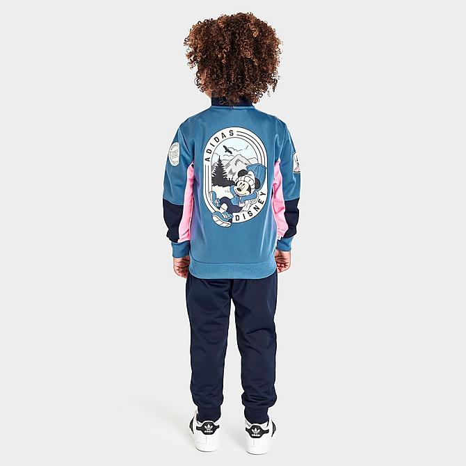 Front Three Quarter view of Infant adidas Originals Disney Mickey and Friends Tracksuit in Altered Blue/Beam Pink/Legend Ink Click to zoom