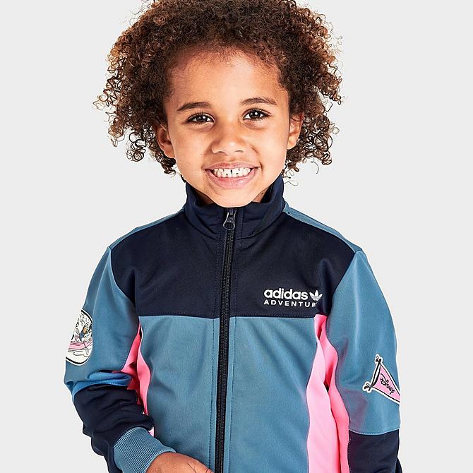Back Right view of Infant adidas Originals Disney Mickey and Friends Tracksuit in Altered Blue/Beam Pink/Legend Ink Click to zoom