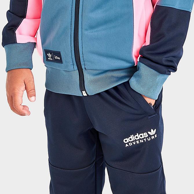On Model 5 view of Infant adidas Originals Disney Mickey and Friends Tracksuit in Altered Blue/Beam Pink/Legend Ink Click to zoom
