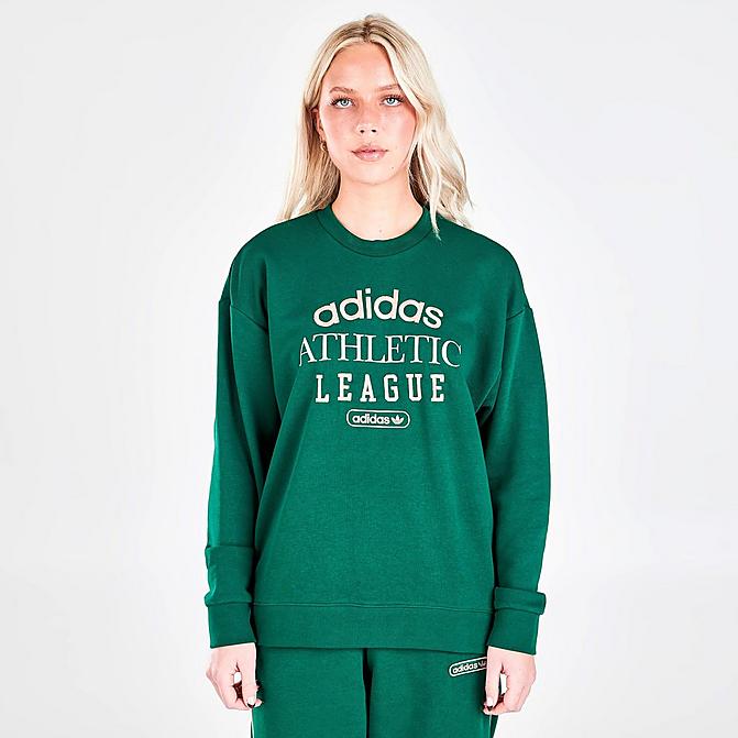 Front view of Women's adidas Originals Retro Luxury Crewneck Sweatshirt in Collegiate Green Click to zoom