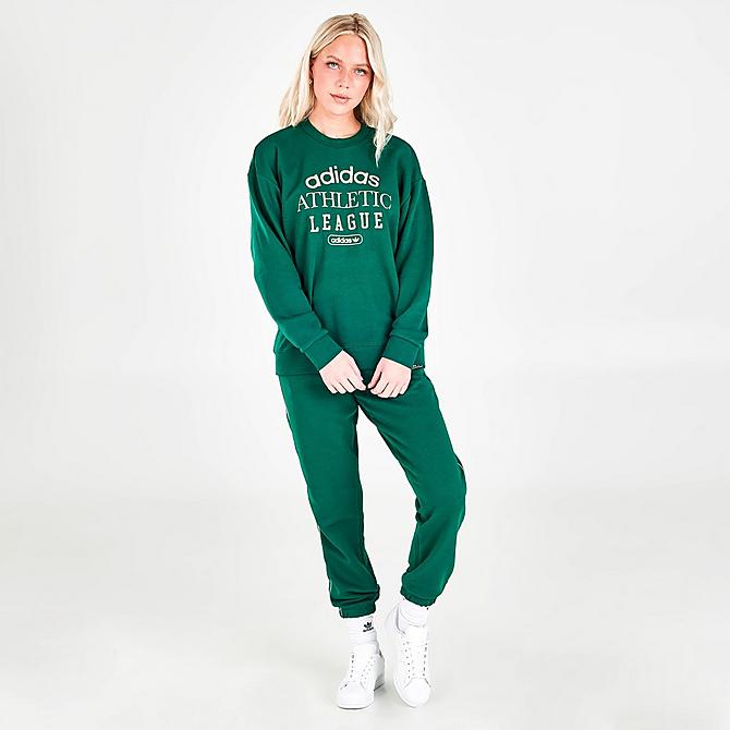 Front Three Quarter view of Women's adidas Originals Retro Luxury Crewneck Sweatshirt in Collegiate Green Click to zoom