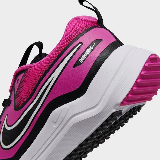 Front view of Girls' Little Kids' Nike Cosmic Runner Casual Shoes in Laser Fuchsia/White/Black Click to zoom
