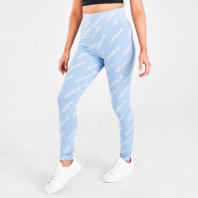 Back Left view of Women's adidas Originals Allover Logo Print Leggings in Ambient Sky Click to zoom