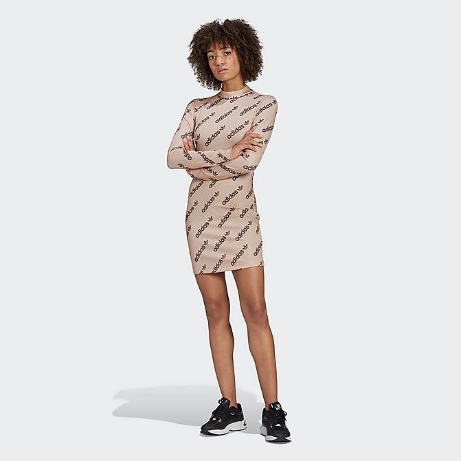 Front view of Women's adidas Originals Monogram Long-Sleeve Dress in Halo Blush Click to zoom