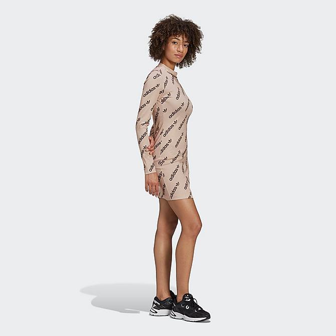 Front Three Quarter view of Women's adidas Originals Monogram Long-Sleeve Dress in Halo Blush Click to zoom