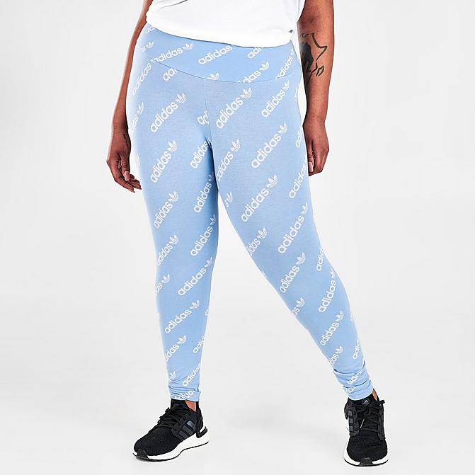 Front view of Women's adidas Originals Allover Logo Print Leggings (Plus Size) in Ambient Sky Click to zoom