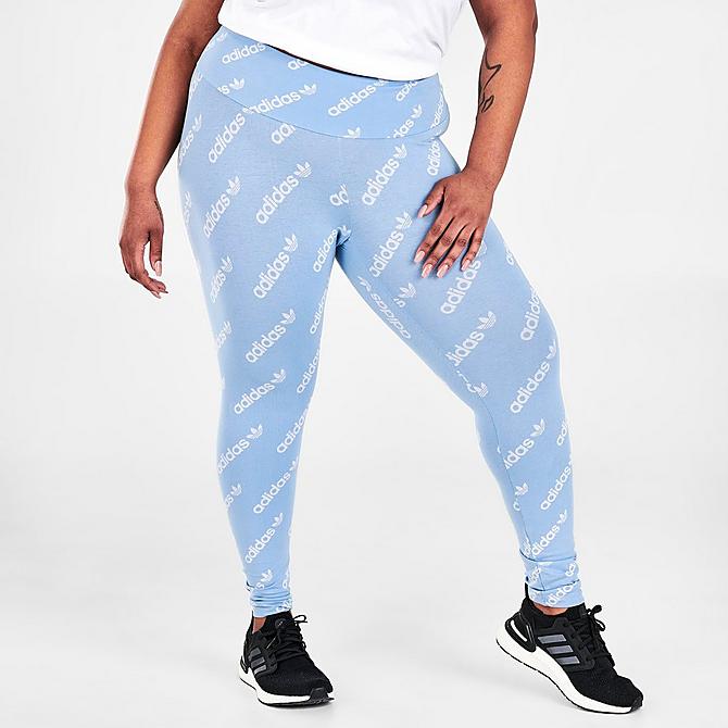 Back Left view of Women's adidas Originals Allover Logo Print Leggings (Plus Size) in Ambient Sky Click to zoom