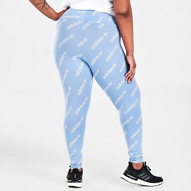 Back Right view of Women's adidas Originals Allover Logo Print Leggings (Plus Size) in Ambient Sky Click to zoom