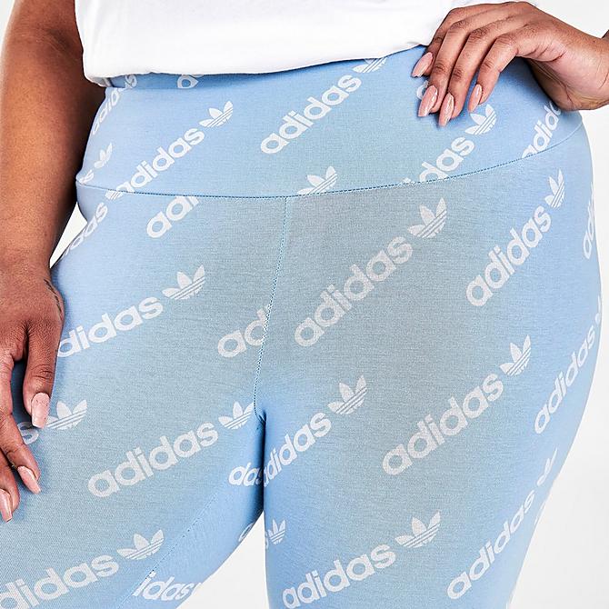 On Model 5 view of Women's adidas Originals Allover Logo Print Leggings (Plus Size) in Ambient Sky Click to zoom