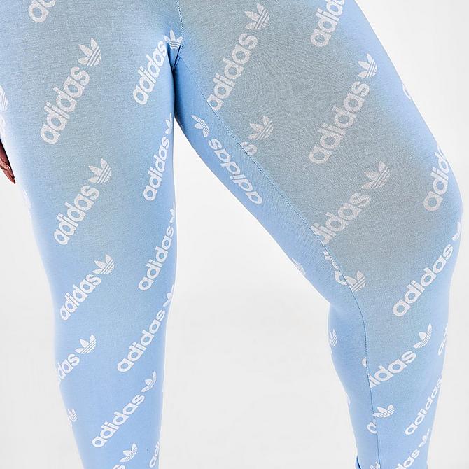 On Model 6 view of Women's adidas Originals Allover Logo Print Leggings (Plus Size) in Ambient Sky Click to zoom