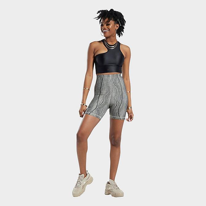 Front Three Quarter view of Women's Reebok Cardi B One Shoulder Crop Tank in Black Click to zoom