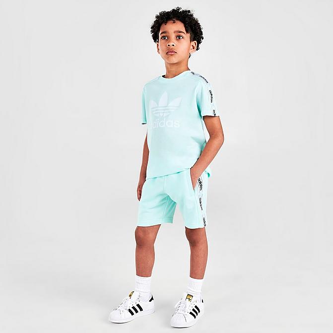 Front view of Little Kids' adidas Originals On Edge T-Shirt and Shorts Set in Light Blue/White Click to zoom