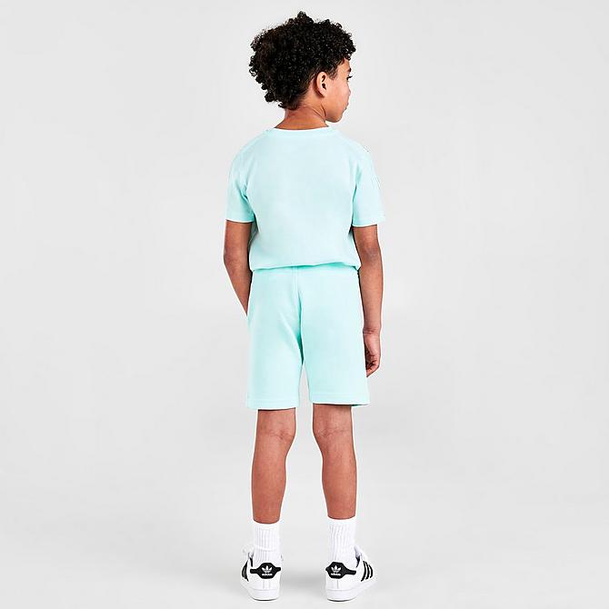 Front Three Quarter view of Little Kids' adidas Originals On Edge T-Shirt and Shorts Set in Light Blue/White Click to zoom