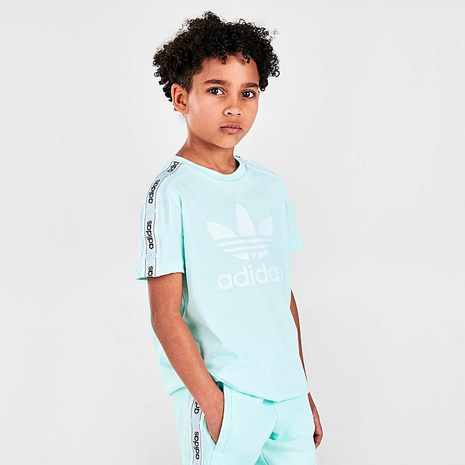 Back Left view of Little Kids' adidas Originals On Edge T-Shirt and Shorts Set in Light Blue/White Click to zoom