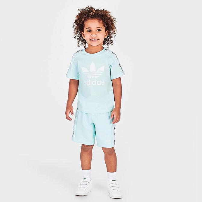 Front view of Infant and Kids' Toddler adidas Originals On Edge T-Shirt and Shorts Set in Light Blue/White Click to zoom