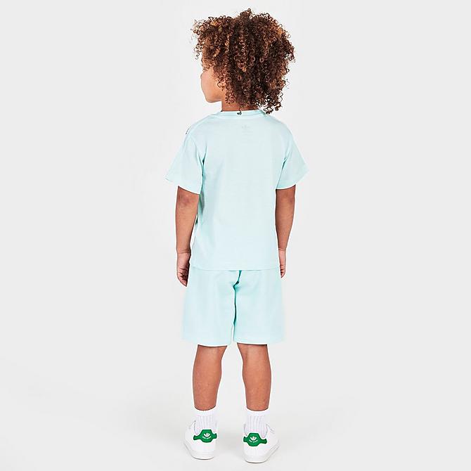 Front Three Quarter view of Infant and Kids' Toddler adidas Originals On Edge T-Shirt and Shorts Set in Light Blue/White Click to zoom