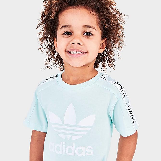 On Model 5 view of Infant and Kids' Toddler adidas Originals On Edge T-Shirt and Shorts Set in Light Blue/White Click to zoom