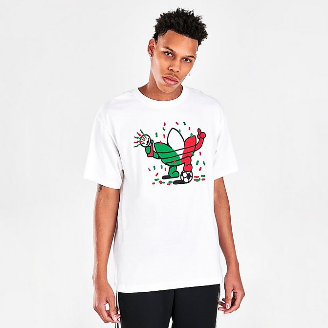 Front view of Men's adidas Originals Mexico City Sports In The City Treffy Short-Sleeve Graphic Print T-Shirt in White Click to zoom