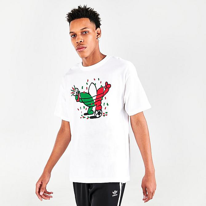 Back Left view of Men's adidas Originals Mexico City Sports In The City Treffy Short-Sleeve Graphic Print T-Shirt in White Click to zoom