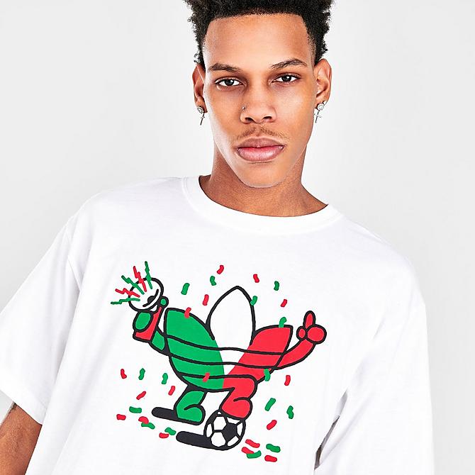 On Model 5 view of Men's adidas Originals Mexico City Sports In The City Treffy Short-Sleeve Graphic Print T-Shirt in White Click to zoom