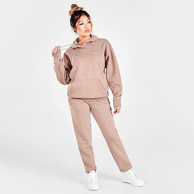 Front Three Quarter view of Women's adidas Originals Linear Boyfriend Hoodie in Chalky Brown Click to zoom