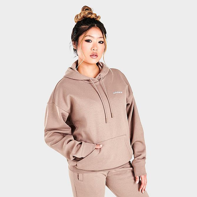 Back Left view of Women's adidas Originals Linear Boyfriend Hoodie in Chalky Brown Click to zoom