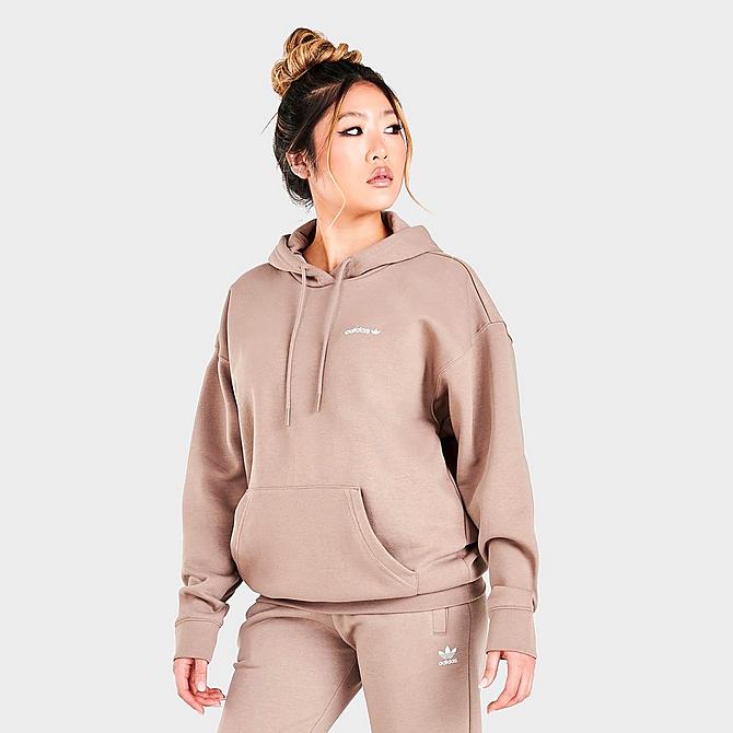 Back Right view of Women's adidas Originals Linear Boyfriend Hoodie in Chalky Brown Click to zoom