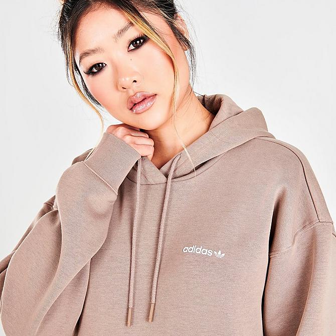 On Model 5 view of Women's adidas Originals Linear Boyfriend Hoodie in Chalky Brown Click to zoom