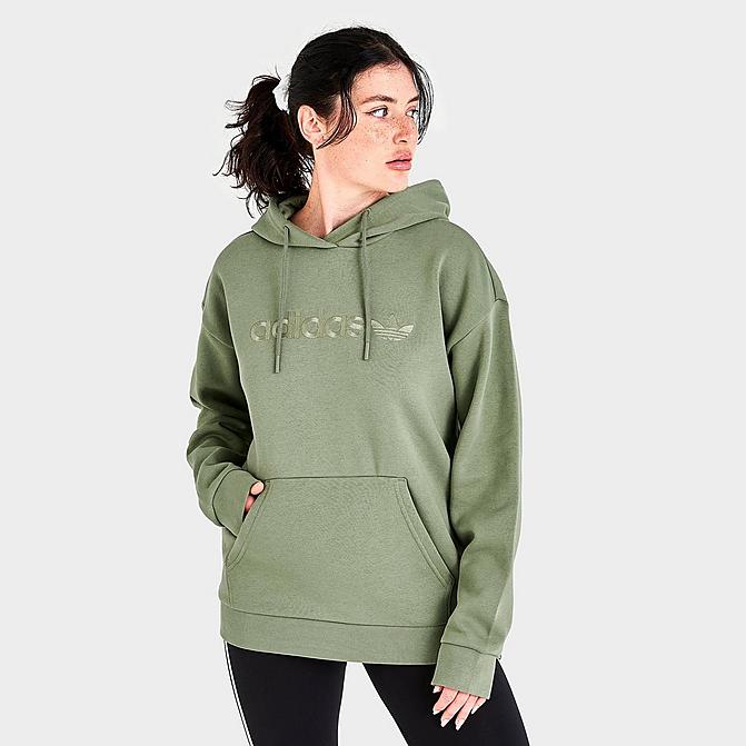 Front view of Women's adidas Originals Linear Boyfriend Hoodie in Tent Green Click to zoom