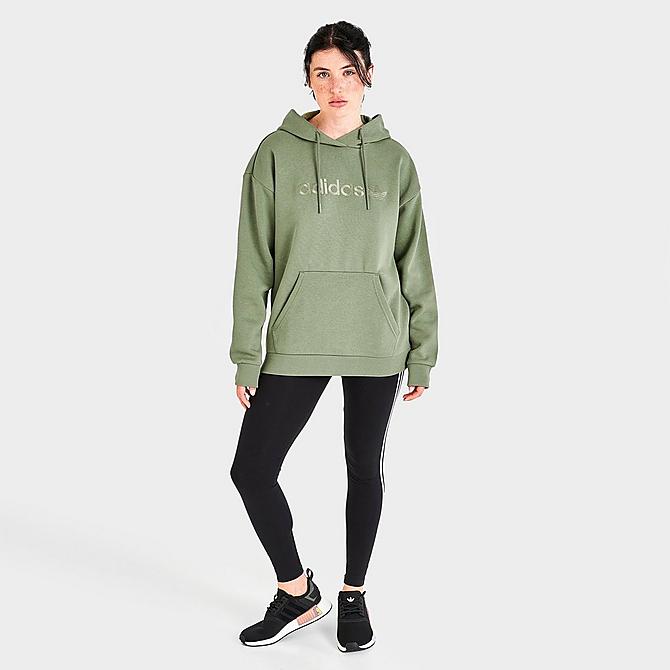 Front Three Quarter view of Women's adidas Originals Linear Boyfriend Hoodie in Tent Green Click to zoom