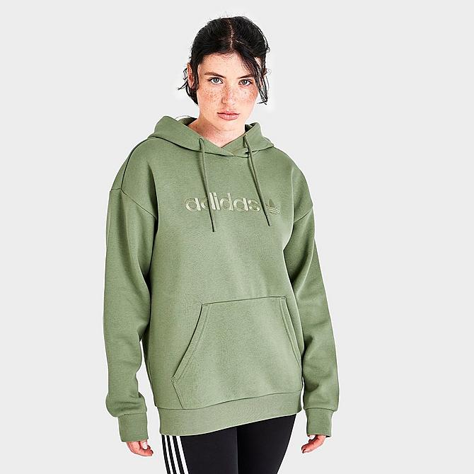 Back Left view of Women's adidas Originals Linear Boyfriend Hoodie in Tent Green Click to zoom