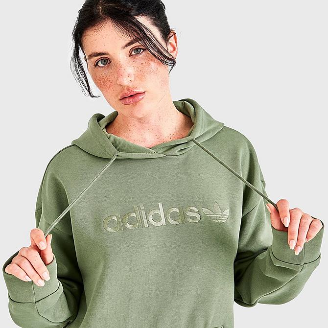 On Model 5 view of Women's adidas Originals Linear Boyfriend Hoodie in Tent Green Click to zoom