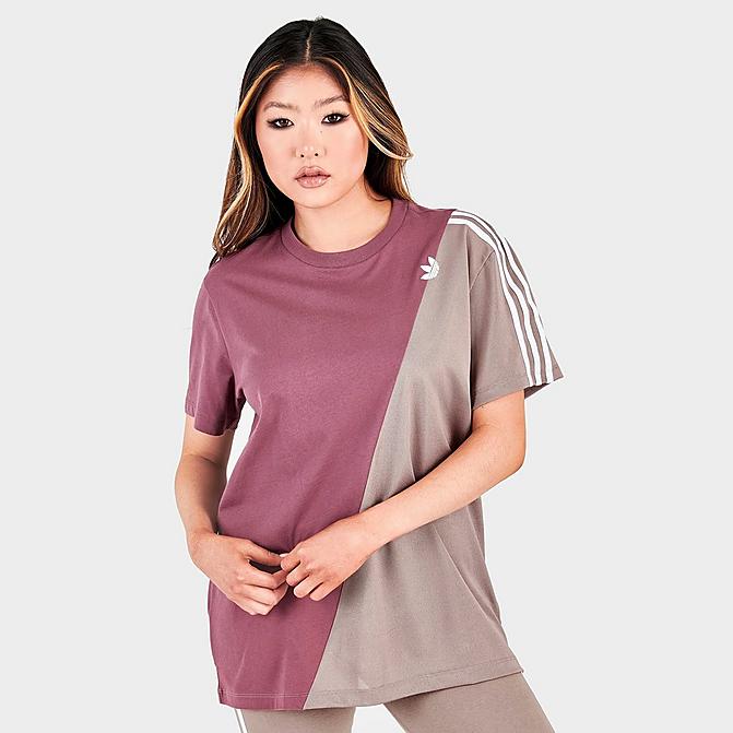 Front view of Women's adidas Originals Adicolor Sliced Trefoil Loose T-Shirt in Brown/Crimson Click to zoom