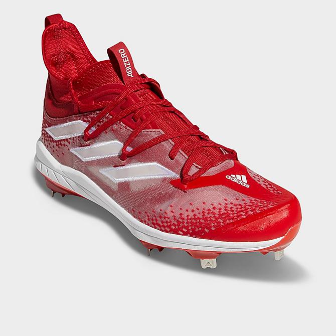 Three Quarter view of Men's adidas Adizero Afterburner NWV Baseball Cleats in Team Power Red/White/Vivid Red Click to zoom