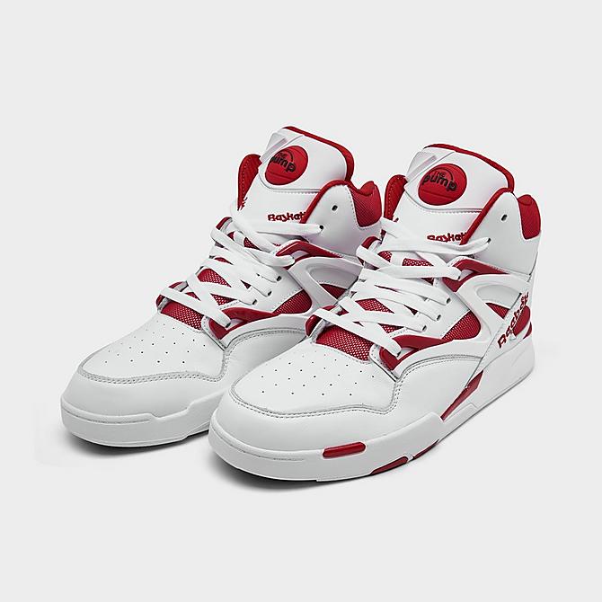 Three Quarter view of Men's Reebok Pump Omni Zone 2 Basketball Shoes in Footwear White/Vector Red Click to zoom