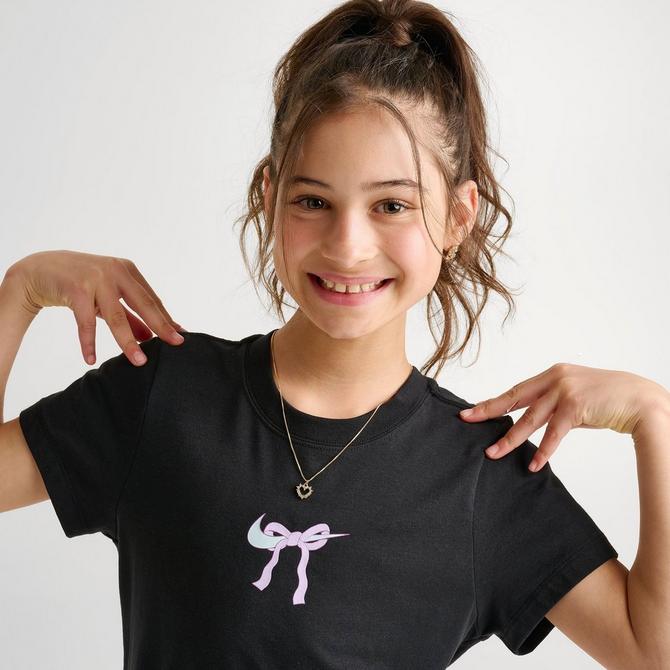 [angle] view of Girls' Nike Slim Bow Cropped T-Shirt in Black Click to zoom