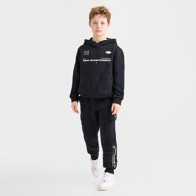 [angle] view of Kids' Nike Sportswear Club Fleece Cargo Jogger Pants in Black/White Click to zoom