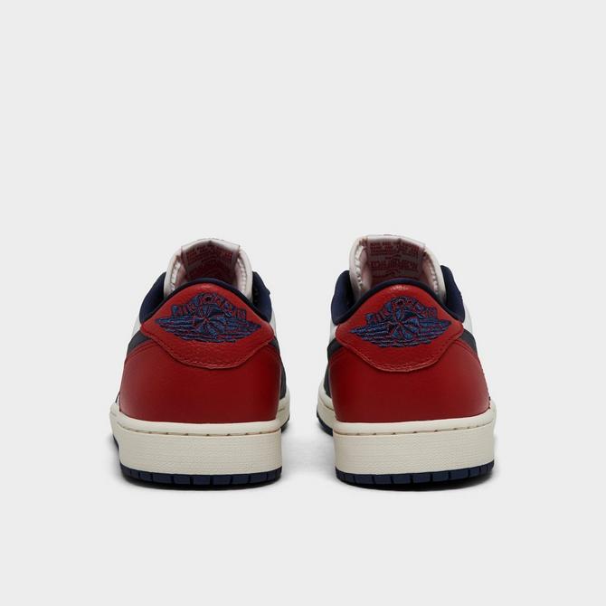 Left view of Air Jordan Retro 1 Low OG Casual Shoes in White/Gym Red/Midnight Navy Click to zoom