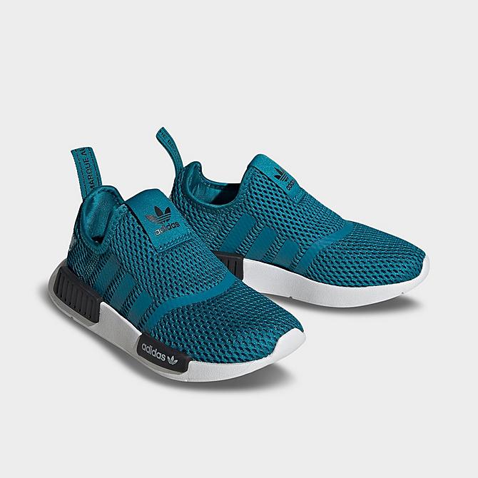 Three Quarter view of Little Kids' adidas Originals NMD 360 Recycled Casual Shoes in Teal/Teal/Black Click to zoom