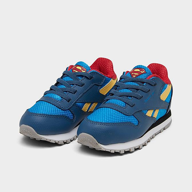 Three Quarter view of Kids' Toddler Reebok x DC Comics Superman Classic Leather Casual Shoes in Upbeat Blue/Redtastic/Hazy Yellow Click to zoom