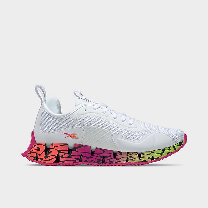 Right view of Women's Reebok Zig Dynamica Running Shoes in White/Proud Pink/Acid Yellow Click to zoom