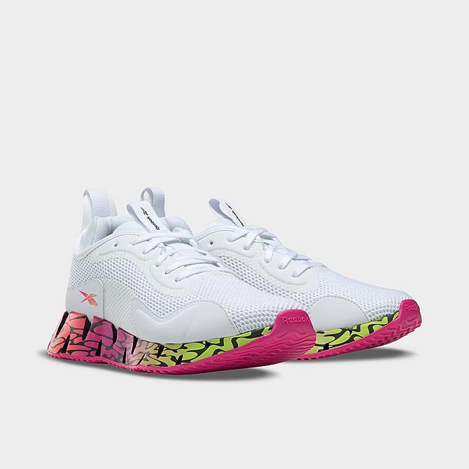 Three Quarter view of Women's Reebok Zig Dynamica Running Shoes in White/Proud Pink/Acid Yellow Click to zoom