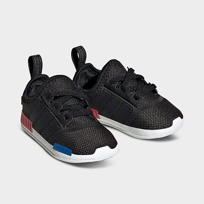 Three Quarter view of Kids' Toddler adidas Originals NMD 360 Casual Shoes in Black/Black/Grey Click to zoom