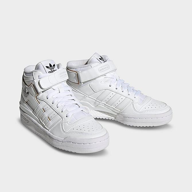 Three Quarter view of Big Kids' adidas Originals Forum Mid Casual Shoes in White/White/Black Click to zoom