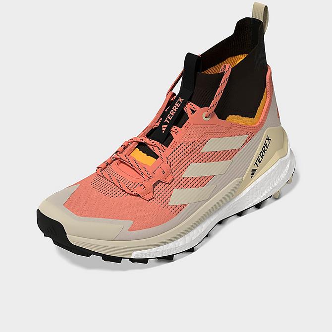 Three Quarter view of Men's adidas Terrex Free Hiker 2 Hiking Shoes in Coral Fusion/Coral Fusion/Wonder White Click to zoom