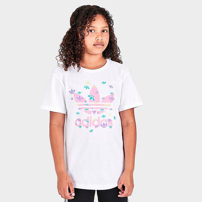 Front view of Girls' adidas Originals Allover Trefoil T-Shirt in White Click to zoom